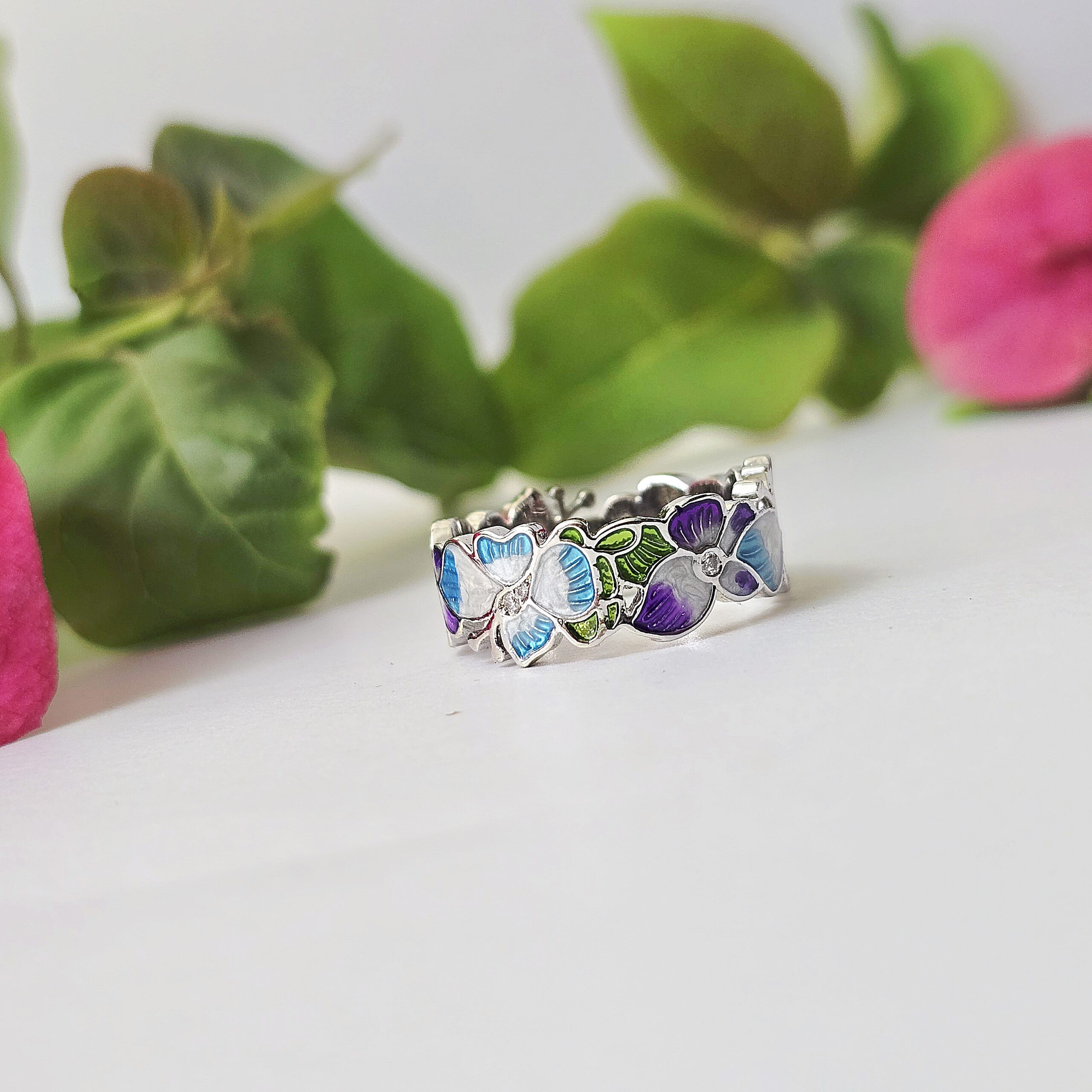 Enamel flat Floral & Butterfly Ring